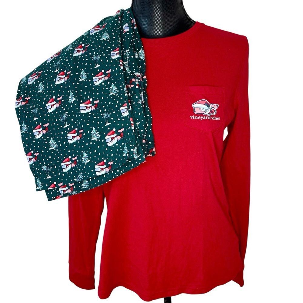 Vineyard Vines PJs Pajama Set Red Whale Graphic Top Green Flannel Bottom Medium
